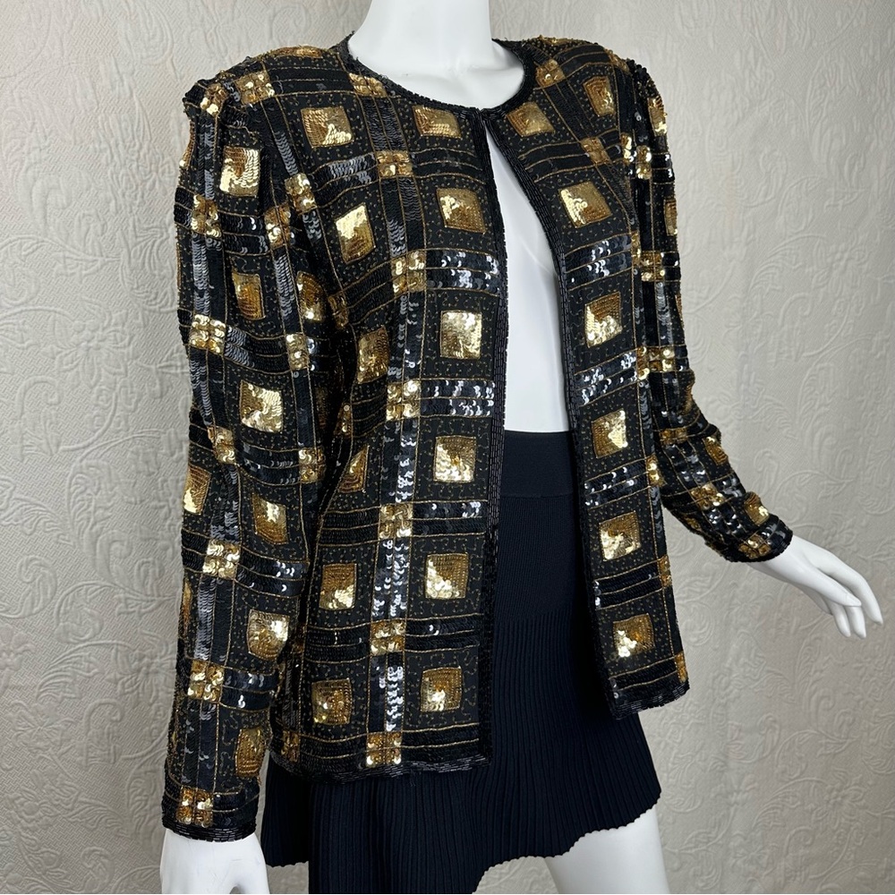 Vintage Creative Creations 80s Sequin Beaded Black & Gold Silk Jacket